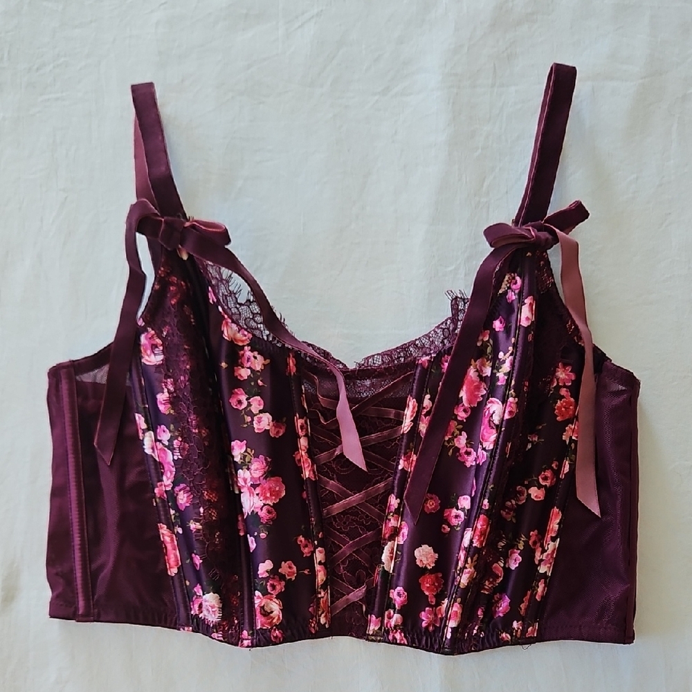 Floral Lace Corset Bra - Purple